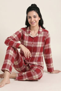 Zivame Flannel Woven Pyjama Set - Deep Scarlet — thumbnail 5